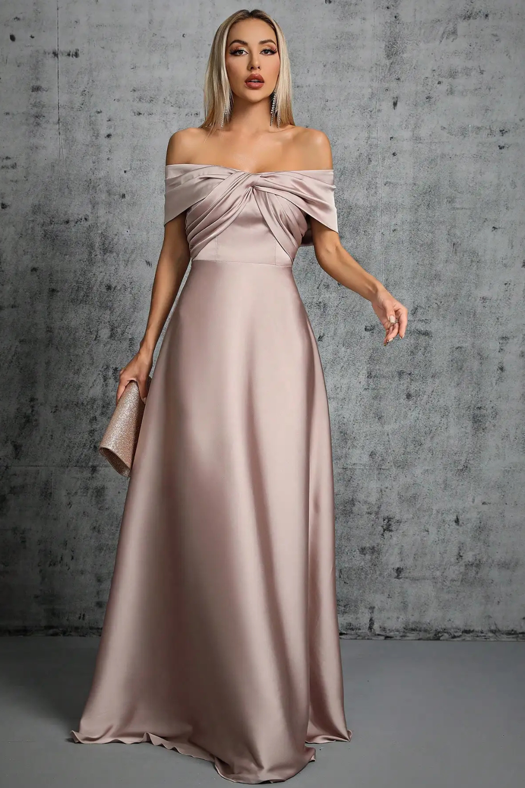 Khaki women's off-shoulder twisted knot maxi dress, ideal for wedding guests.