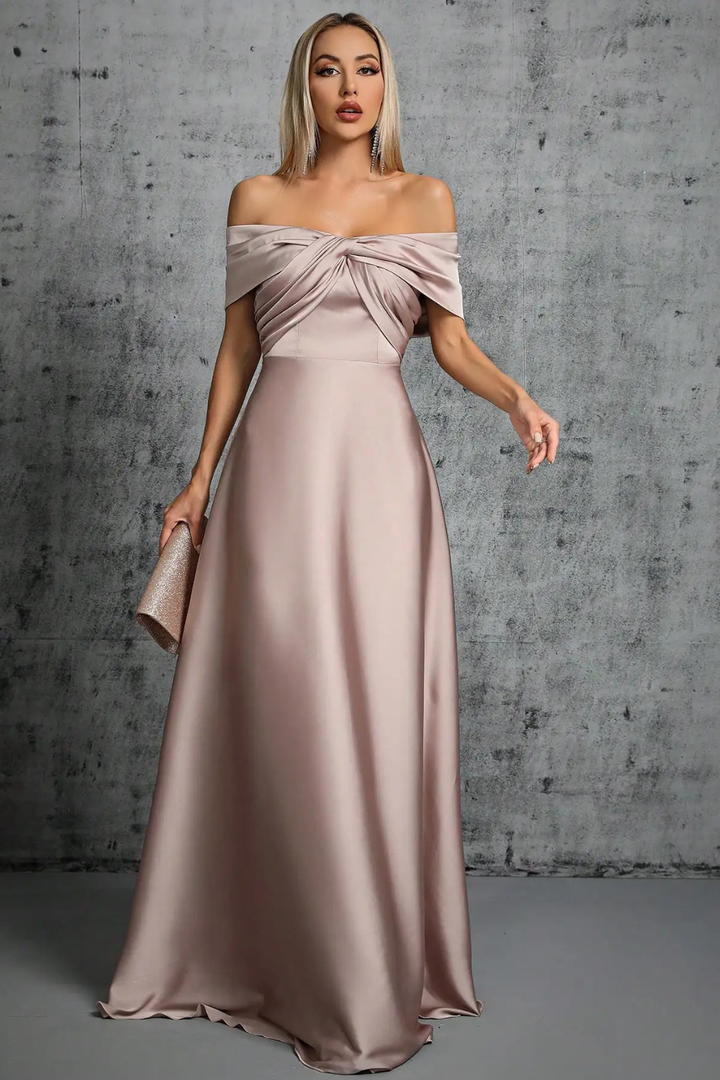 Khaki women's off-shoulder twisted knot maxi dress, ideal for wedding guests.