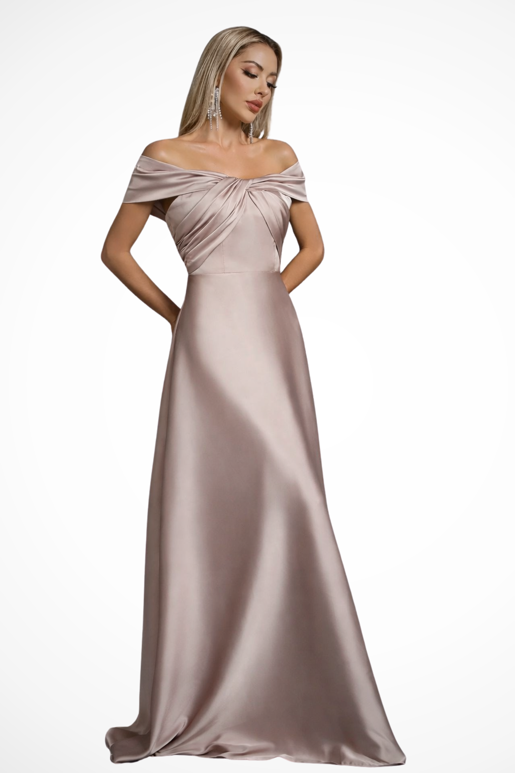 Purple elegant pleated maxi dress with an off-shoulder neckline for formal events.