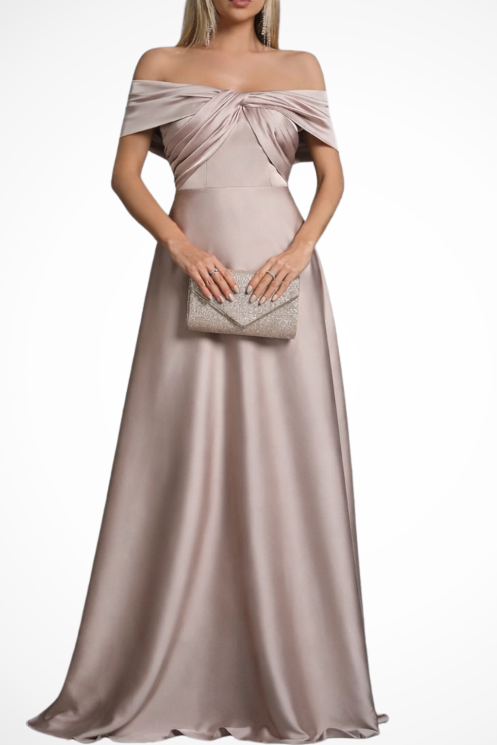 Stylish off-shoulder pleated maxi dress for women, available in multiple colors.