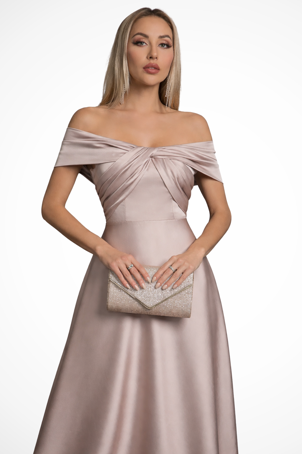 Flowy pleated maxi dress with an elegant off-shoulder and twisted knot design.