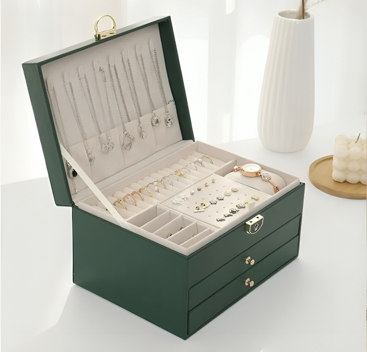 Velvet-lined multi-layer jewelry organizer with compartments for rings, earrings, necklaces, & bracelets.