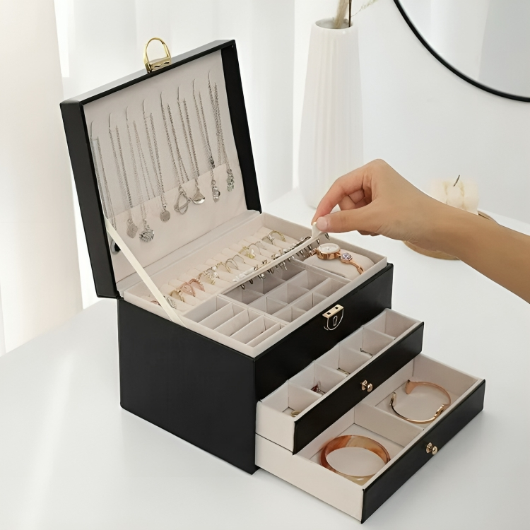 Stylish multi-layer jewelry organizer, an elegant gift for women. Secure drawers for all jewelry types.