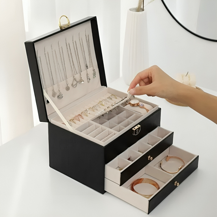 Stylish multi-layer jewelry organizer, an elegant gift for women. Secure drawers for all jewelry types.