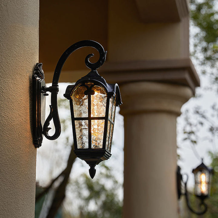Elegant outdoor vintage solar wall light, matte black, IP55 weatherproof, with remote control and ripple glass design.