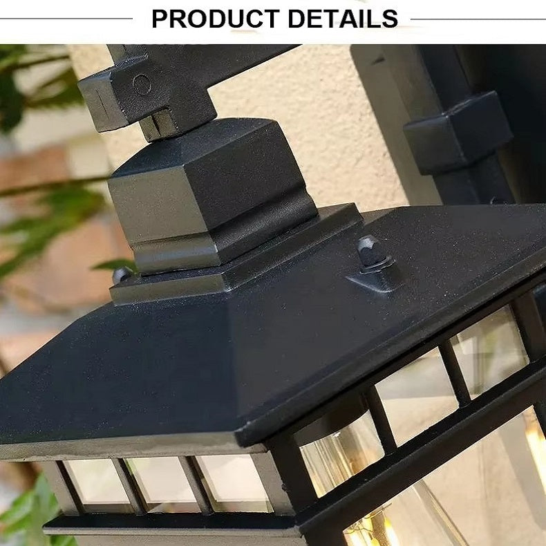 Elegant black outdoor wall lantern, enhancing garden and entrance aesthetics. Rustic modern lamp.