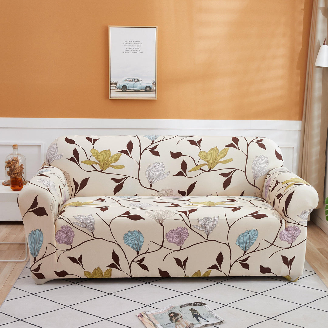 "Elegant patterned sofa cover, universal fit for all types, enhances decor with chic designs; easy installation; protects sof