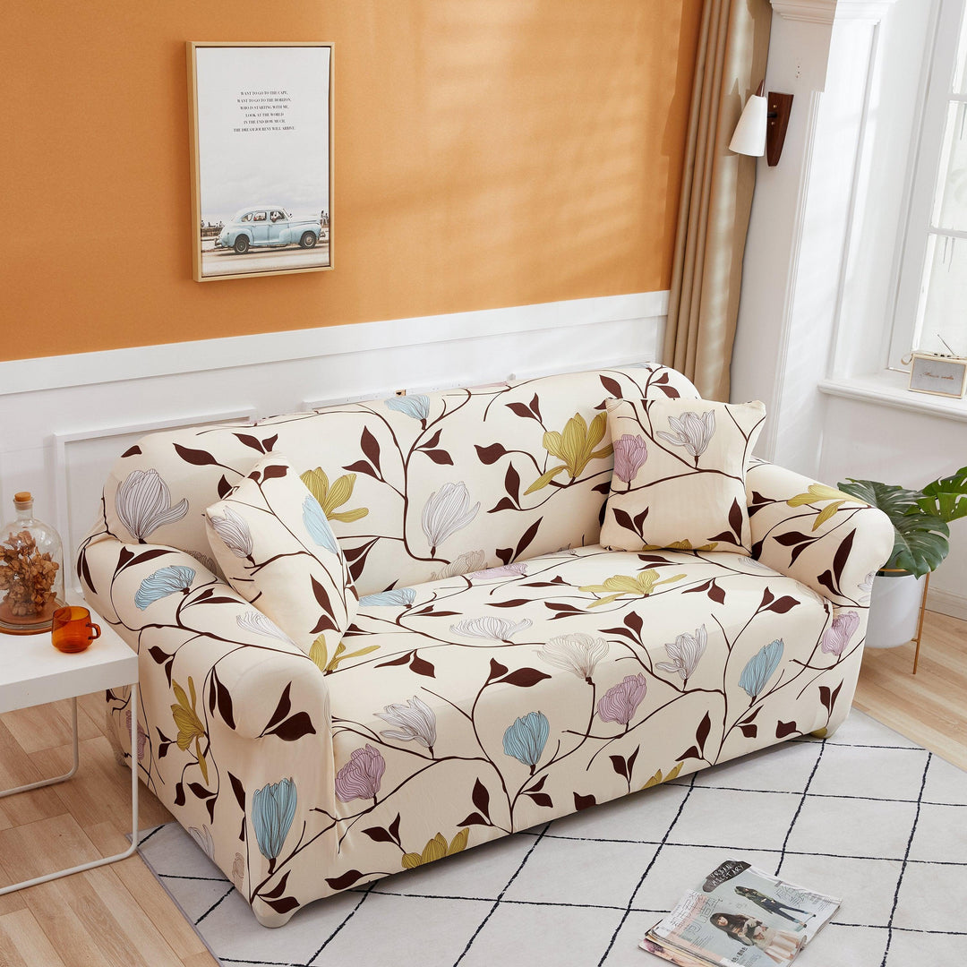 "Elegant patterned sofa cover, universal fit for all types, enhances decor with chic designs; easy installation; protects sof