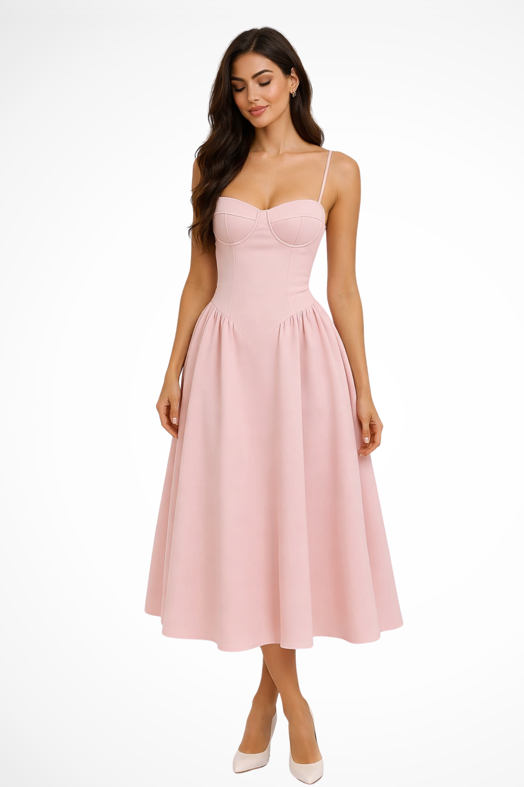 Elegant pink A-line midi dress for women featuring a stylish corset bodice. Perfect formal wear for wedding guests & parties.