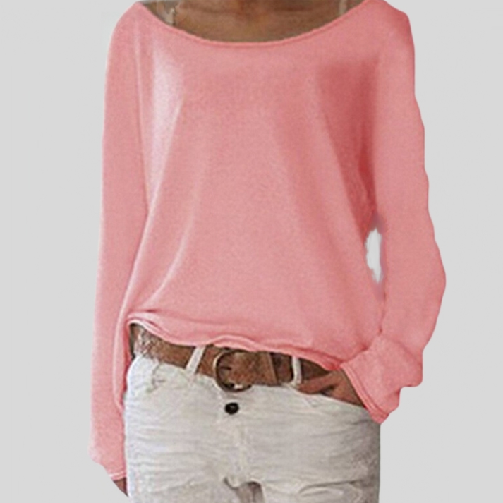 Elegant pink round neck women's sweater, perfect for versatile everyday comfort and chic style.