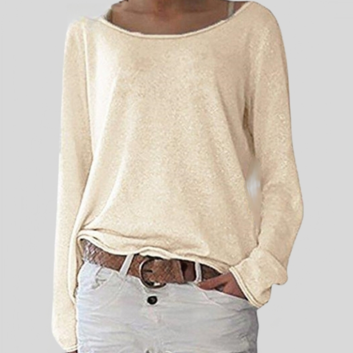 Soft beige round neck women's sweater, offering elegant comfort and versatile everyday wear.