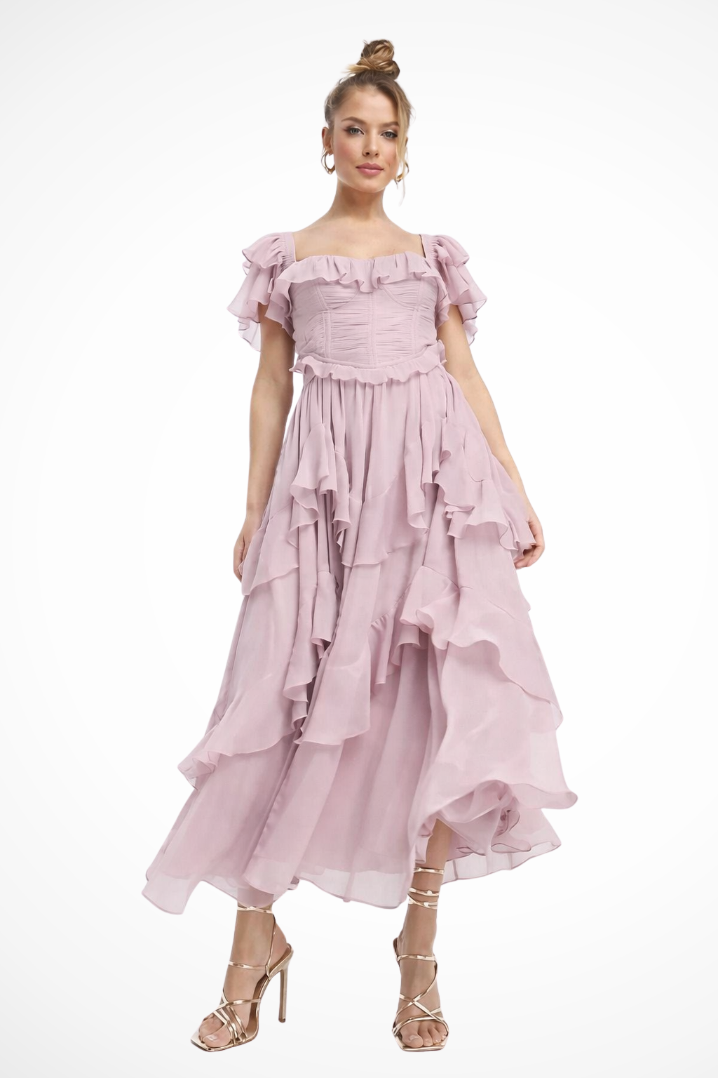 Elegant pink women's ruffle tiered maxi dress set, perfect for special occasions & parties. Off-shoulder design.