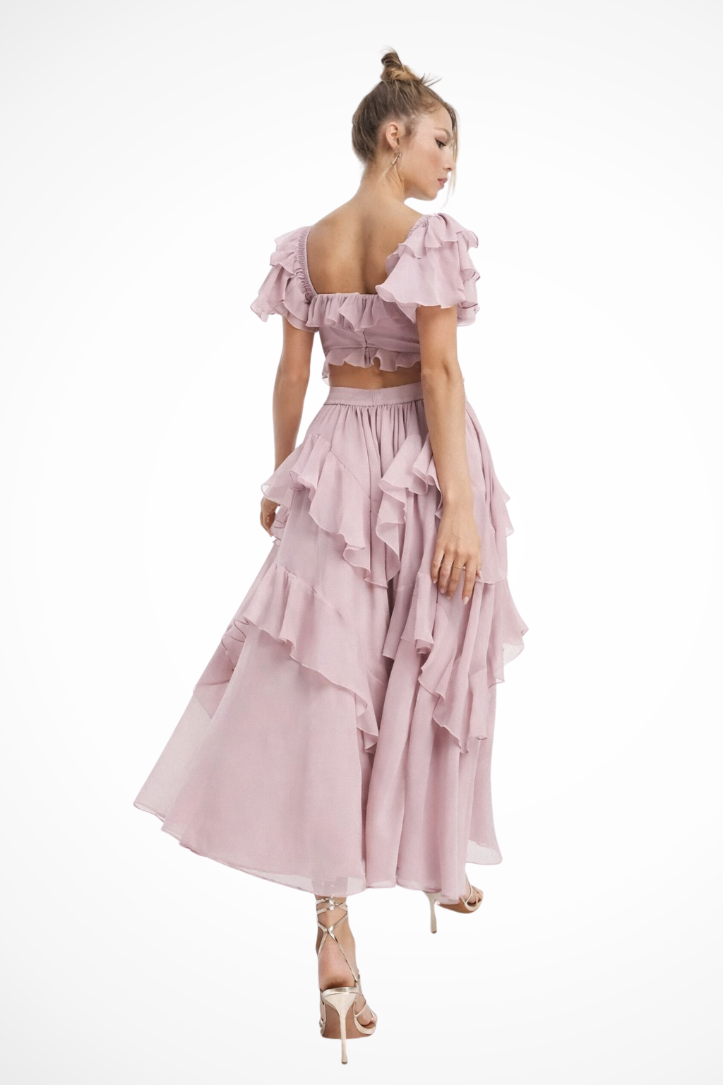 Graceful pink tiered maxi dress with ruffles & off-shoulder style. Ideal for women's elegant occasions.