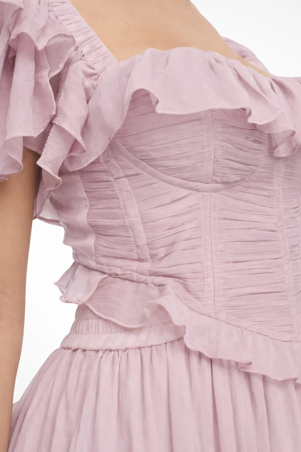 Beautiful pink ruffle tiered maxi dress for women. Elegant off-shoulder design, perfect for special events.