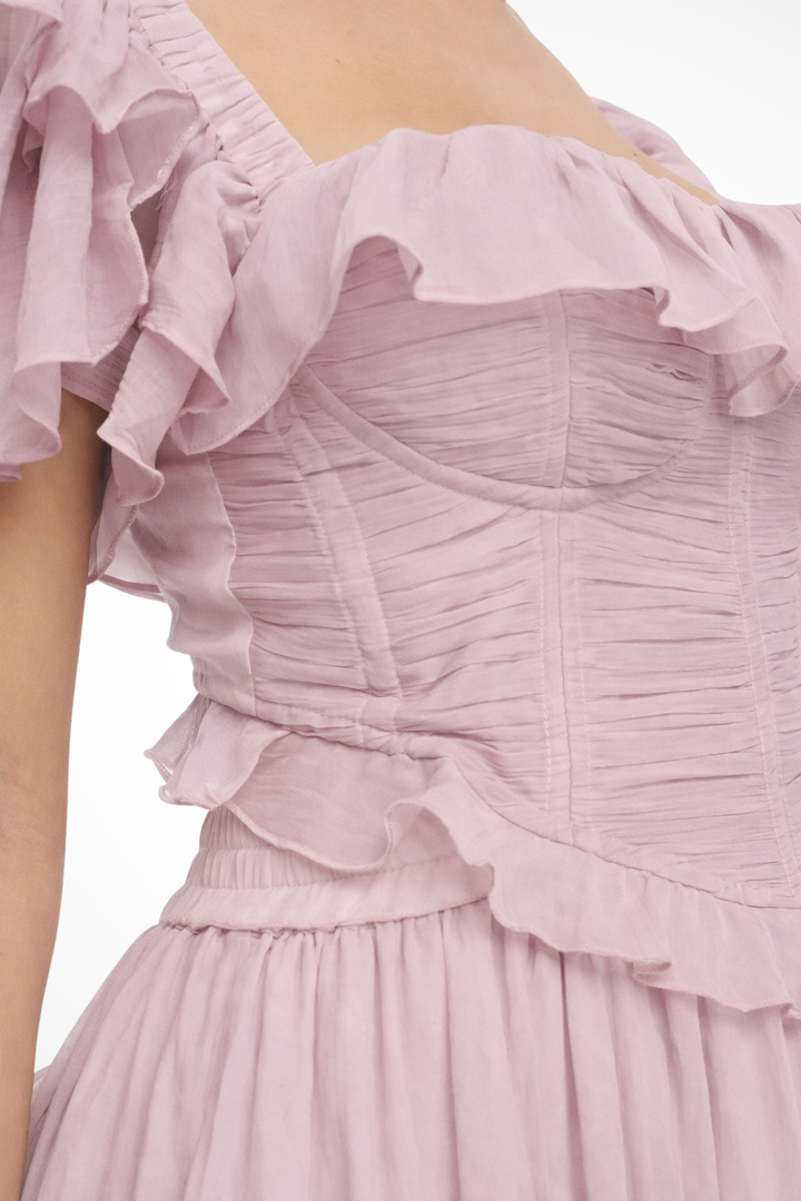 Beautiful pink ruffle tiered maxi dress for women. Elegant off-shoulder design, perfect for special events.