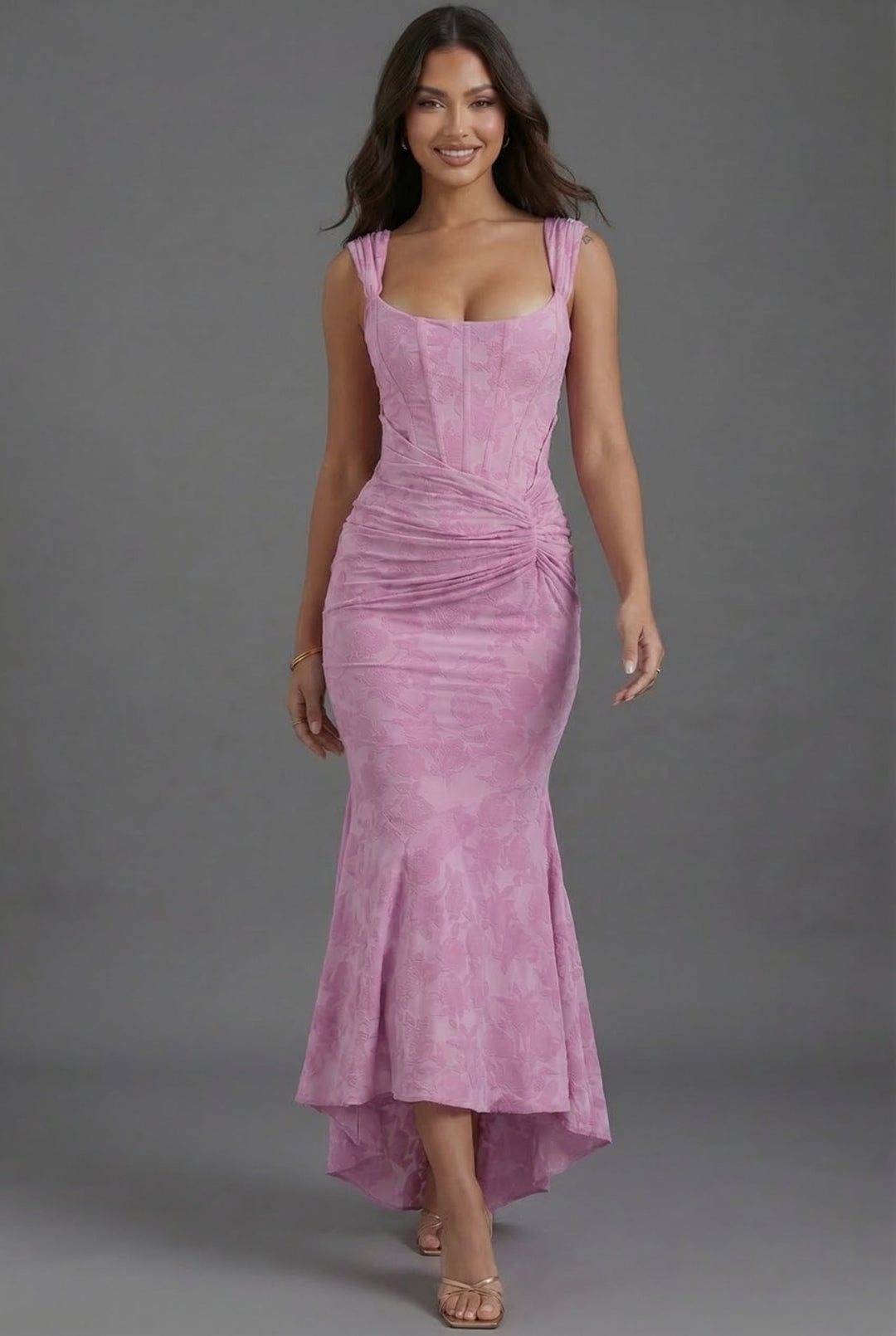 Sculpting pink corset maxi dress for women, an elegant formal wedding guest or special occasion party dress.