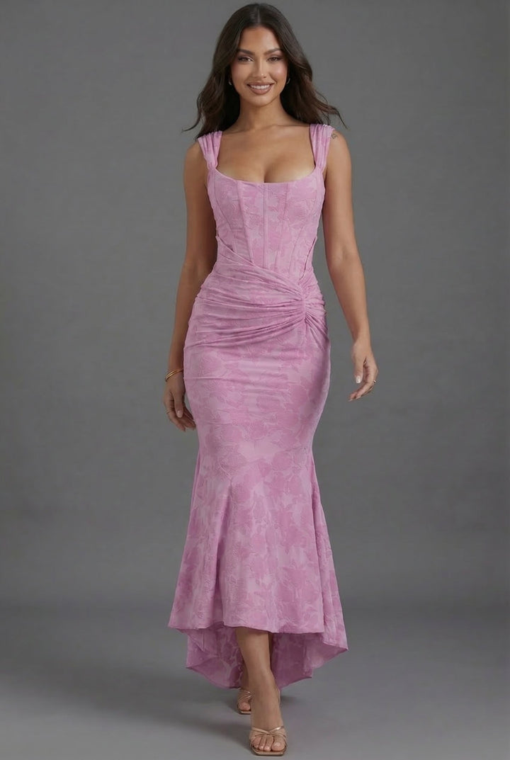 Sculpting pink corset maxi dress for women, an elegant formal wedding guest or special occasion party dress.