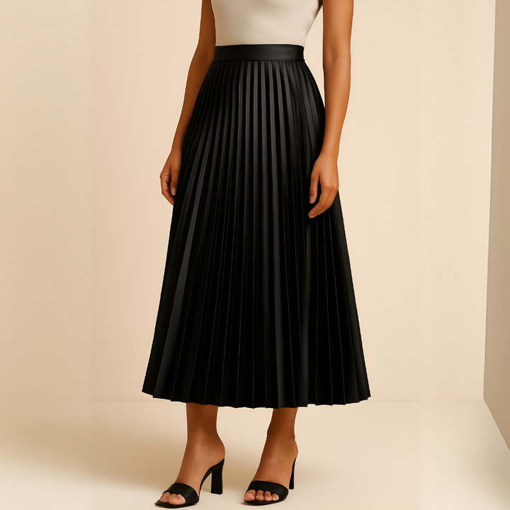 Elegant pleated high-waist midi skirt for women, perfect for formal or casual wear. Flowy & stylish fashion.