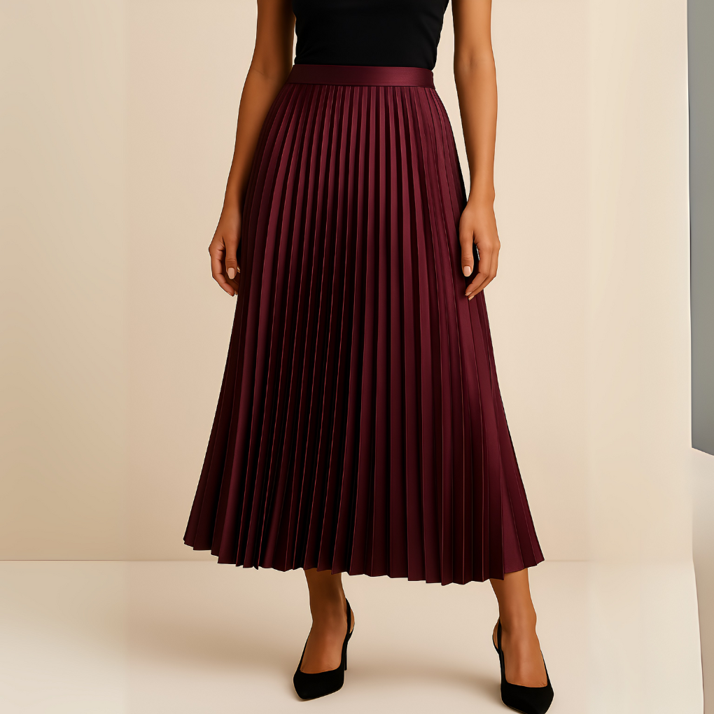 Women's modest pleated high-waist midi skirt. Versatile elegant long skirt, ideal for evening or daily wear.