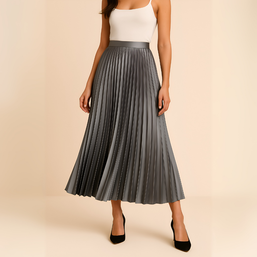 Stylish women's high-waist pleated midi skirt. Elegant flowy design, great as a formal or casual long skirt.