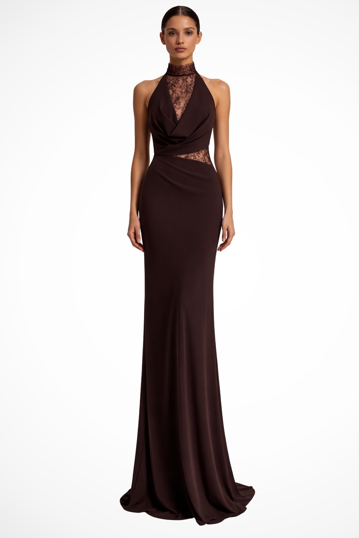 Elegant red brown halter neck maxi dress with patterned detail, perfect for special occasions & evening wear.