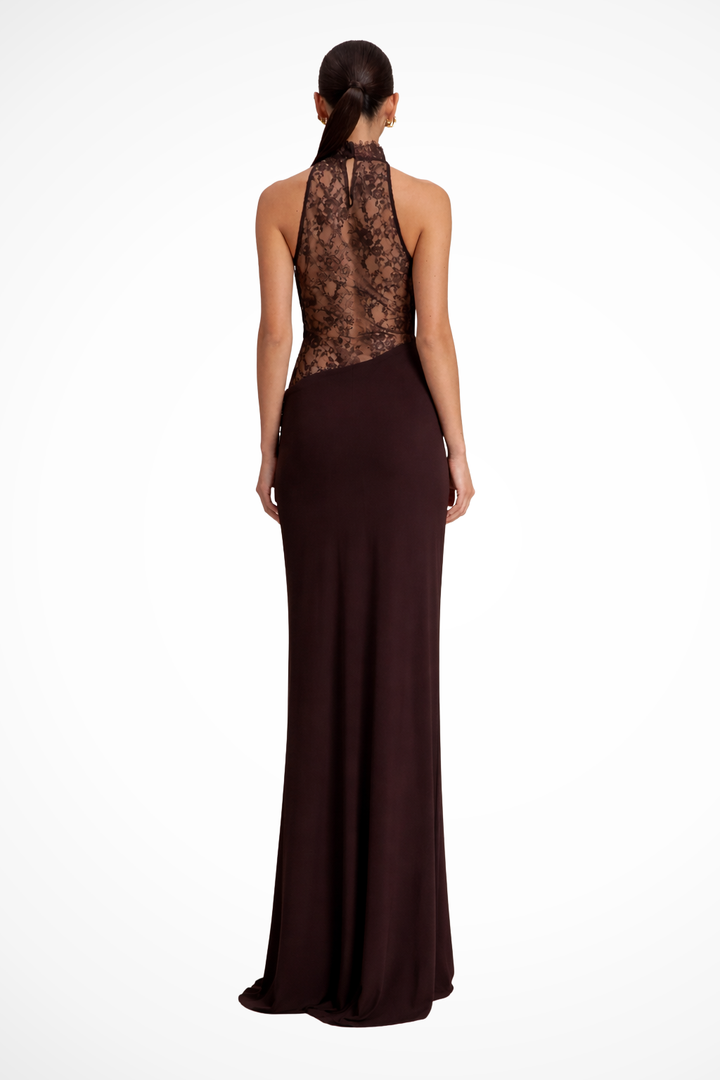 Chic sleeveless floor-length evening gown, a red brown halter neck maxi dress for wedding guests.