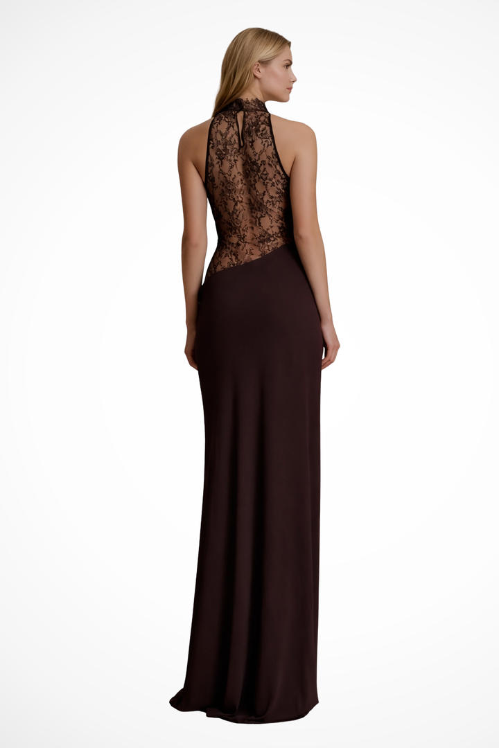 Stylish women's red brown patterned halter neck sleeveless maxi dress, ideal for formal events.