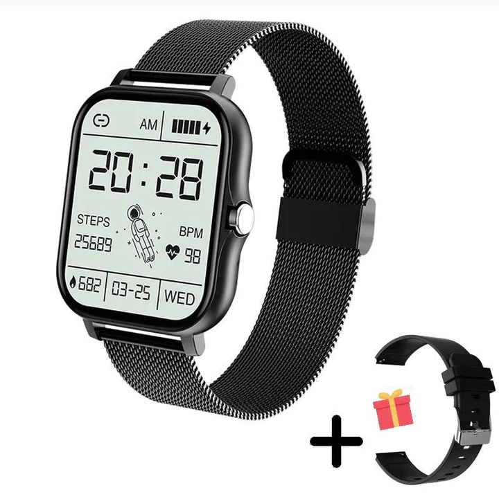 Gold elegant women's smartwatch with advanced activity & health tracking, including blood pressure monitor.