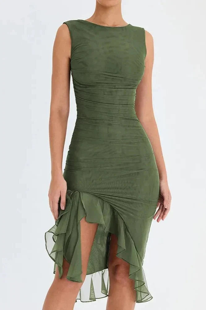 Refined women's sleeveless ruched midi dress, an elegant staple for formal wardrobes.