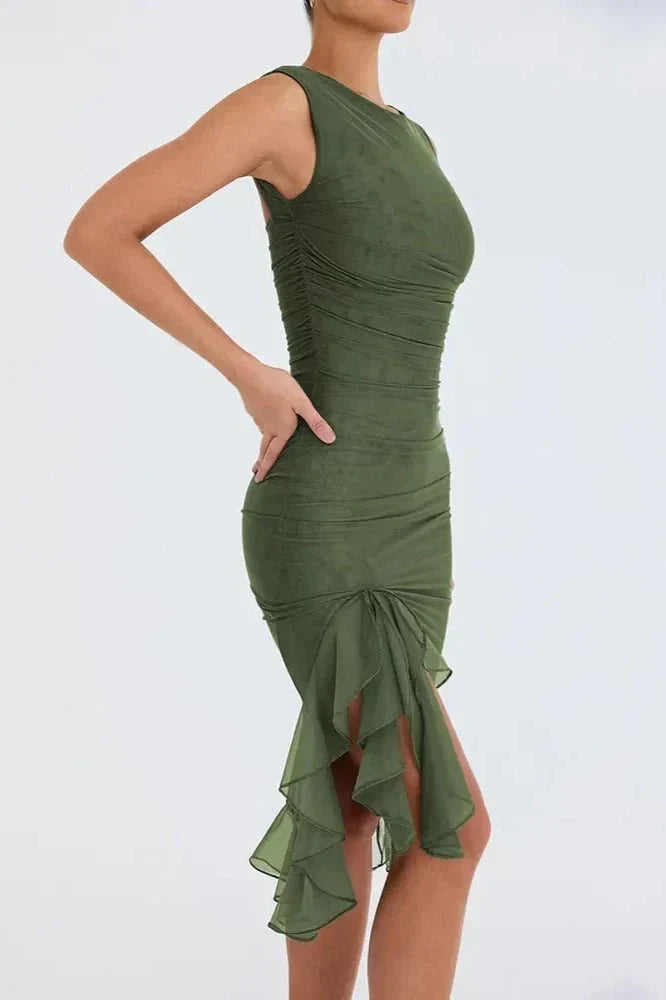 Stunning ruched sleeveless midi dress for women, perfect for an elegant wedding reception.