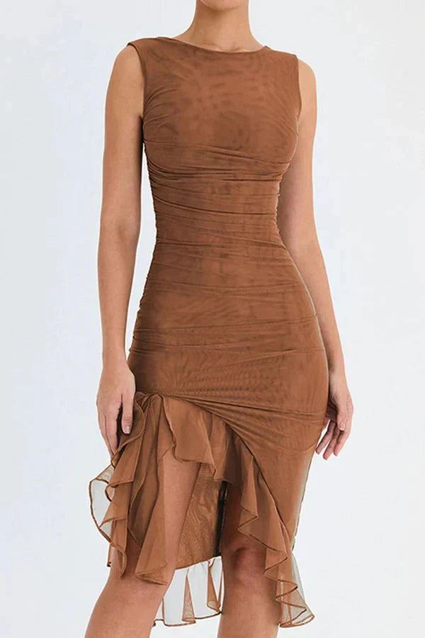 Women's elegant ruched sleeveless midi dress, a perfect blend of style and comfort.