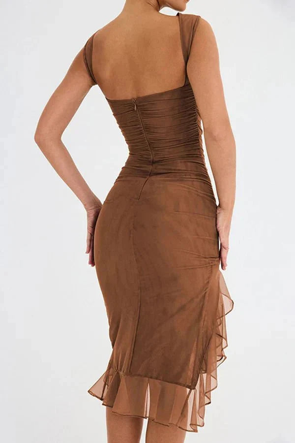 Formal party midi dress, ruched sleeveless design, elegant and perfect for women.