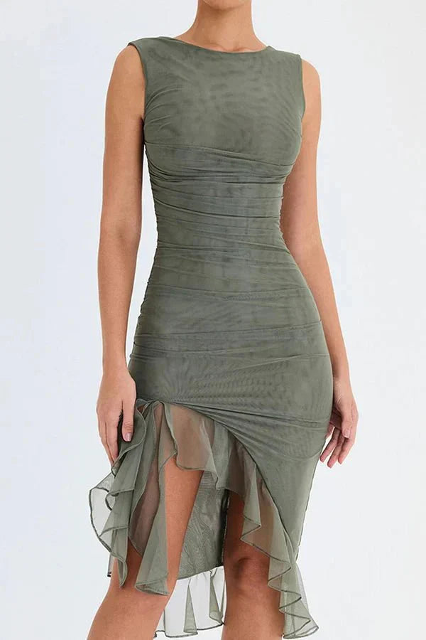 Chic sleeveless ruched midi dress for women, an elegant choice for any formal gathering.
