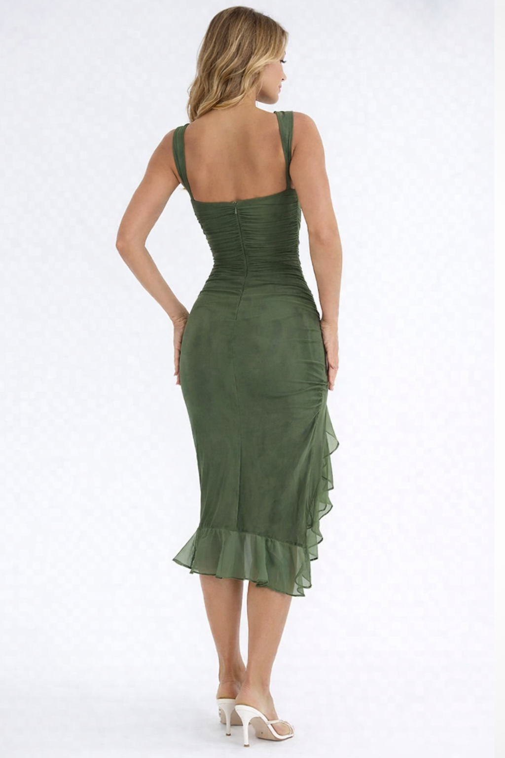Women's formal ruched midi dress, elegant sleeveless design for special occasion events.