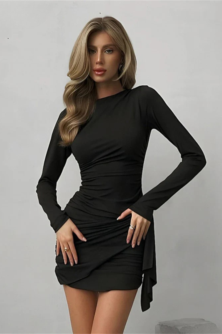 Women's elegant long sleeve ruched wrap mini dress, shown in a stylish pose, ideal for wedding guests & parties.