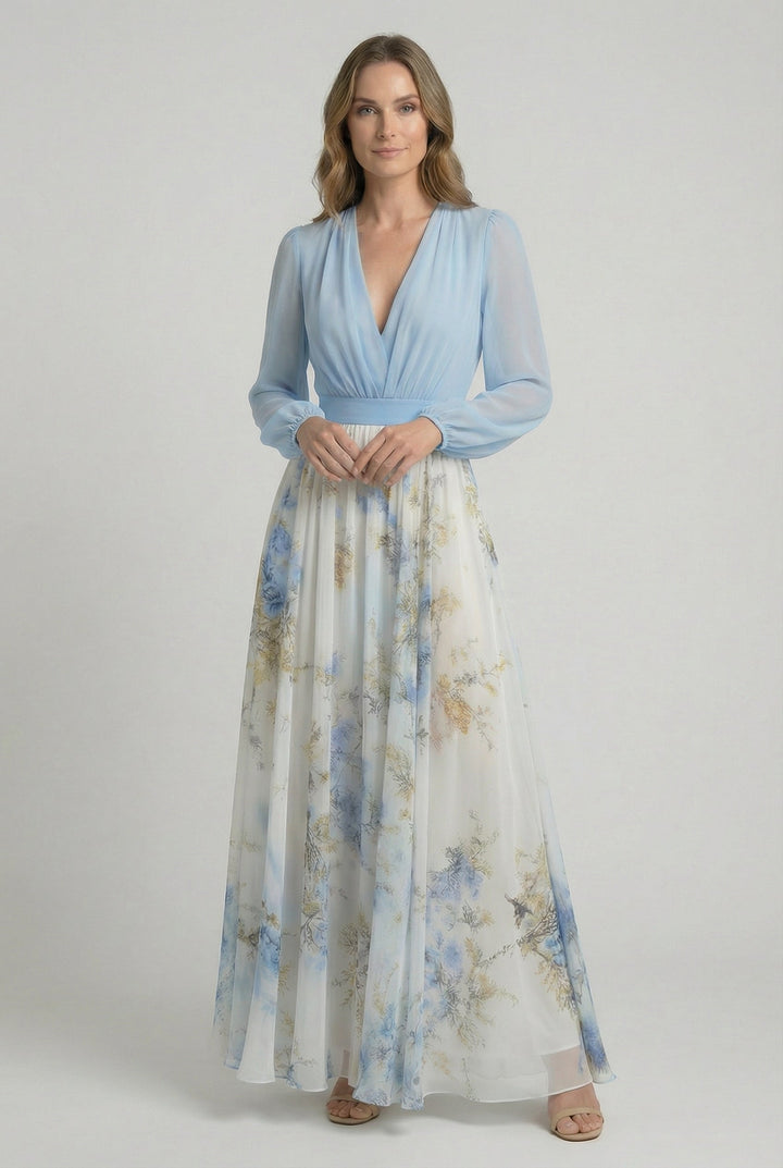 Elegant sky blue floral maxi dress for women, perfect for summer occasions, features a sophisticated V-neck and long sleeves.