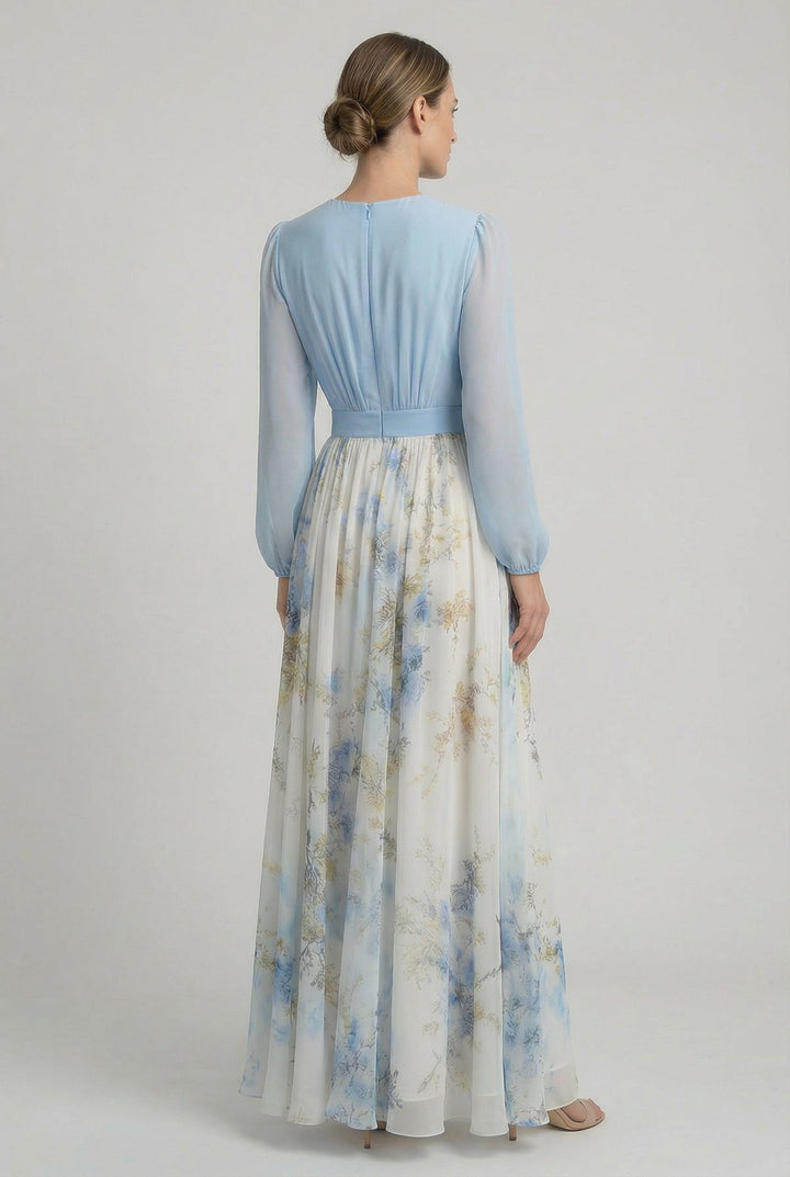 Chic women's sky blue floral maxi dress with V-neck and long sleeves, suitable for formal summer events & elegant occasions.