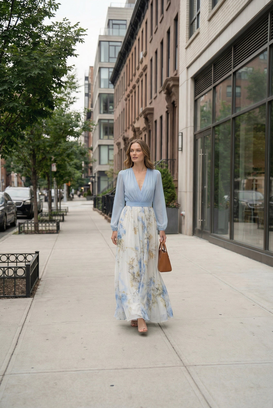 Stylish women's summer floral maxi dress in sky blue. Comfortable and elegant for parties, galas, and special occasions.