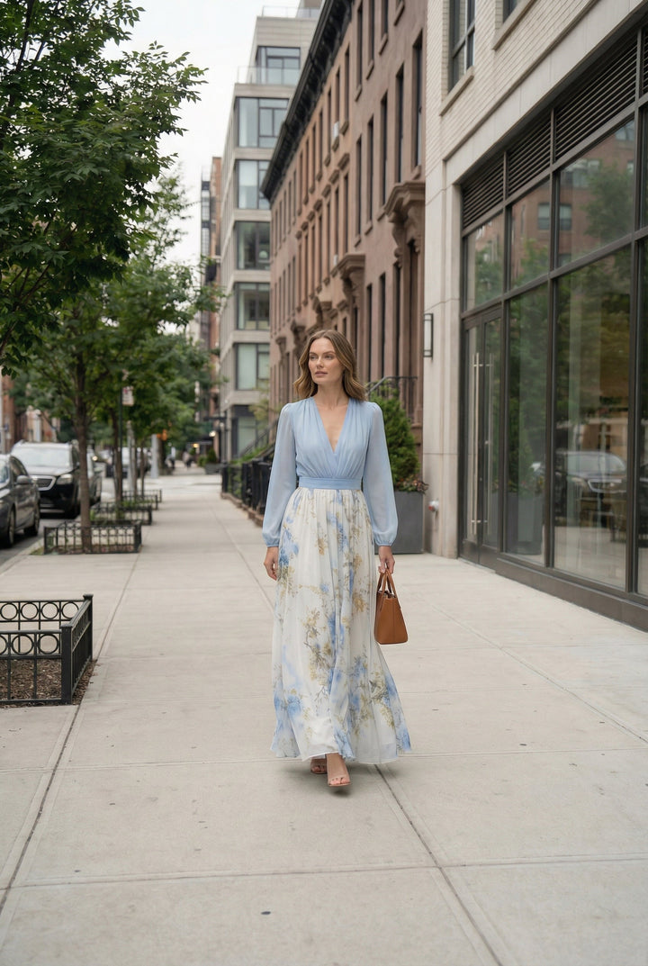 Stylish women's summer floral maxi dress in sky blue. Comfortable and elegant for parties, galas, and special occasions.