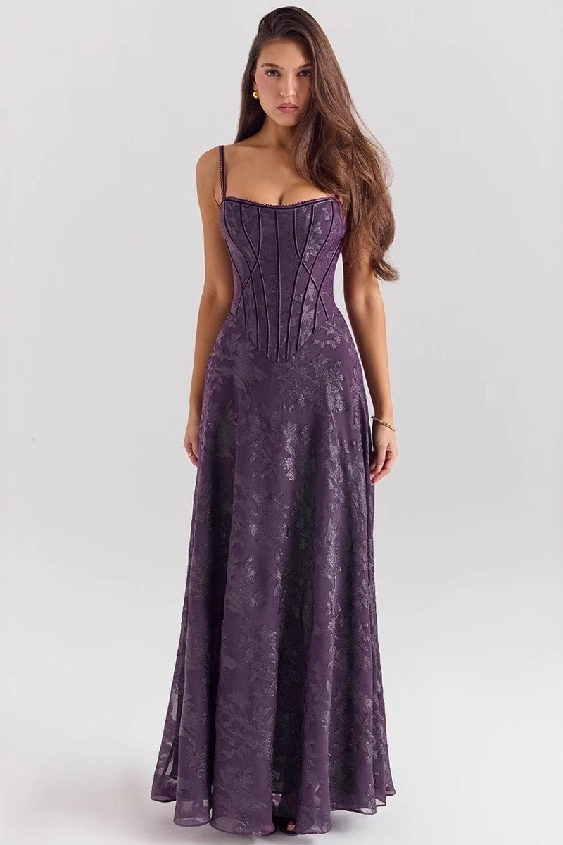 Elegant sleeveless off-shoulder floral maxi dress for women, ideal for formal evening wear.