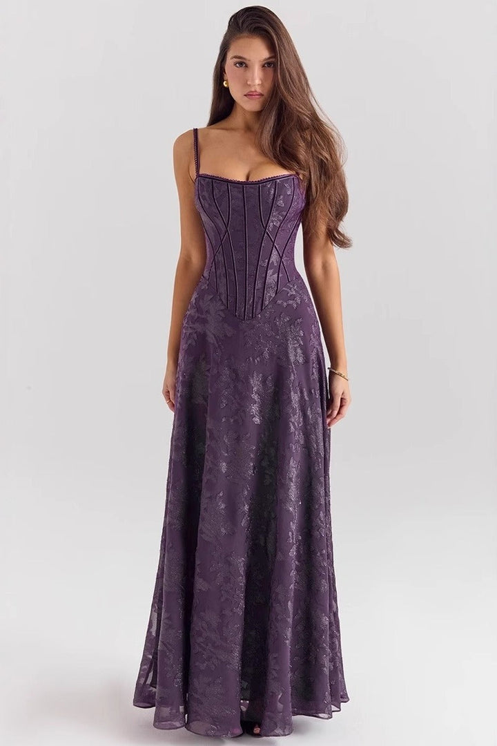 Elegant sleeveless off-shoulder floral maxi dress for women, ideal for formal evening wear.