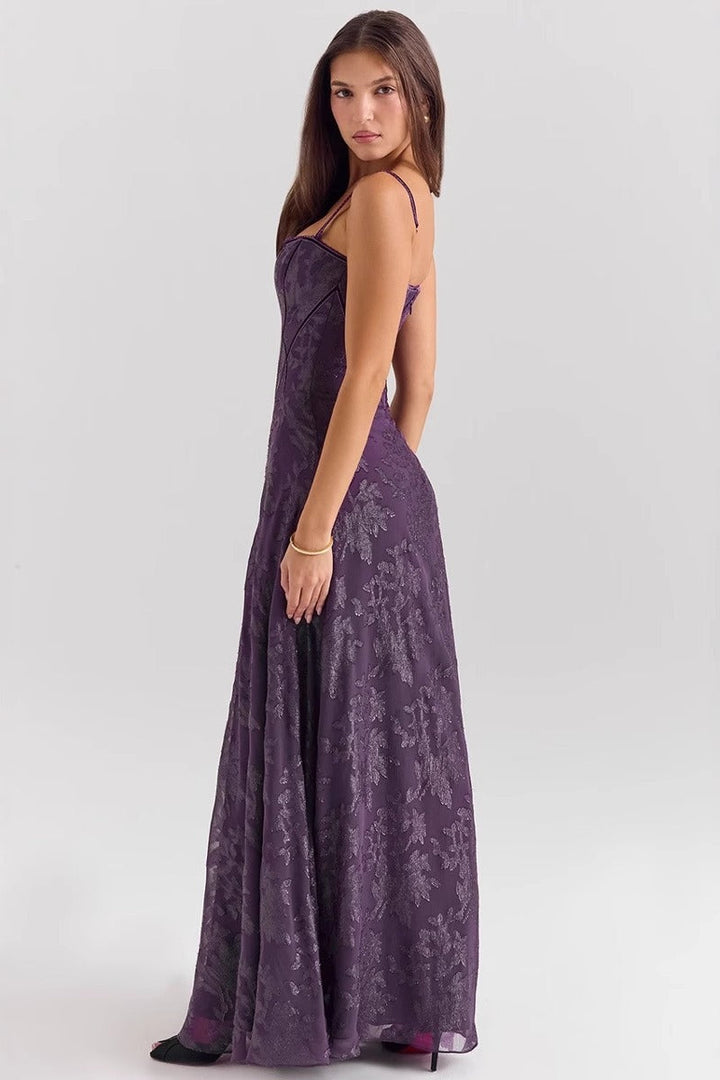 Formal women's floral maxi dress with off-shoulder neckline, perfect for evening & special occasions.