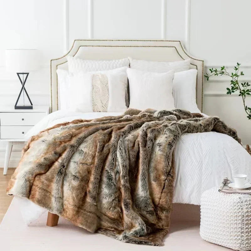 "Elegant soft mink faux fur throw blanket, luxurious, plush, gray tones, perfect for cozy home decor, 79x75 inches."