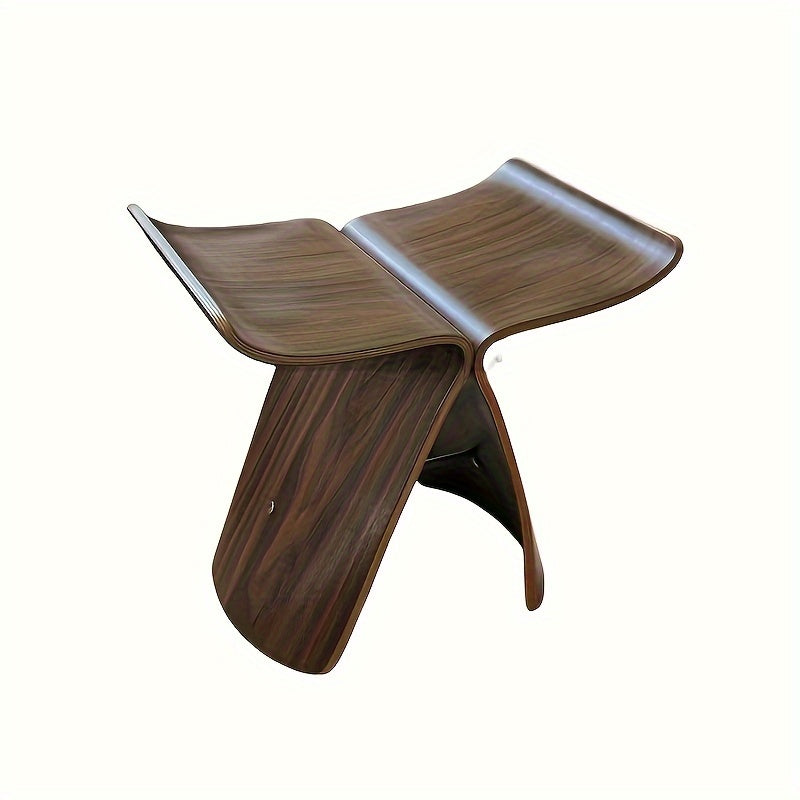 Close-up: Elegant solid wood butterfly stool, showcasing timeless design & quality craftsmanship.