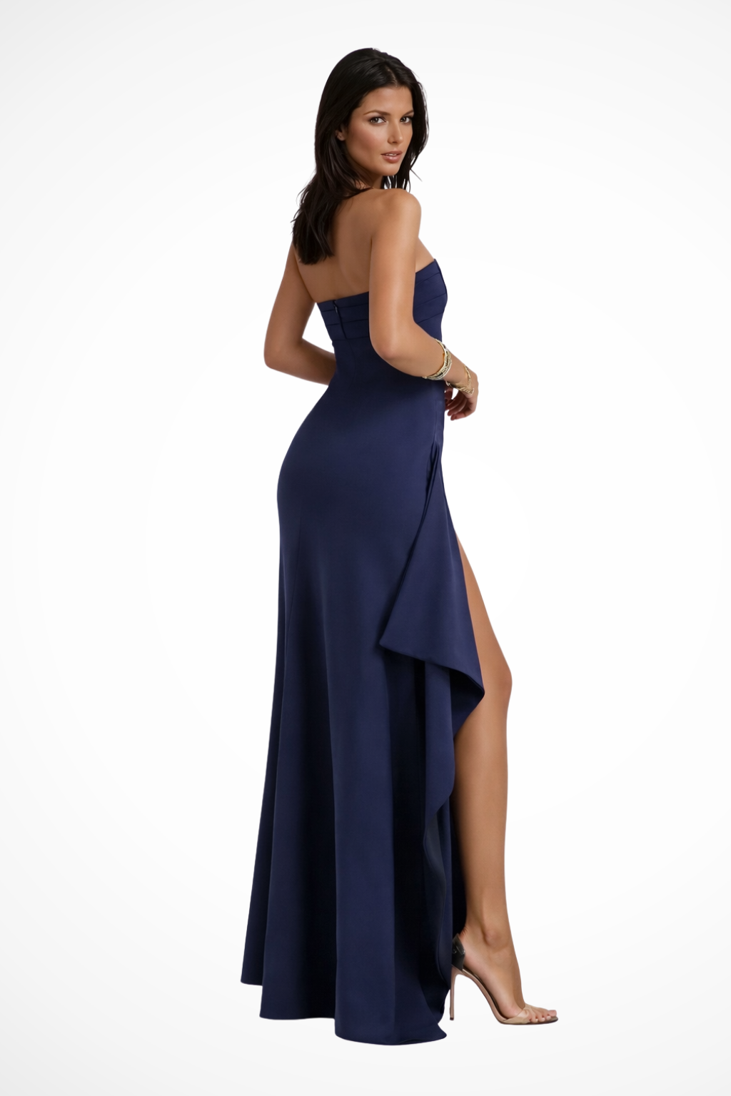Sophisticated women's strapless maxi dress with side slit, ideal as a wedding guest or special occasion gown.