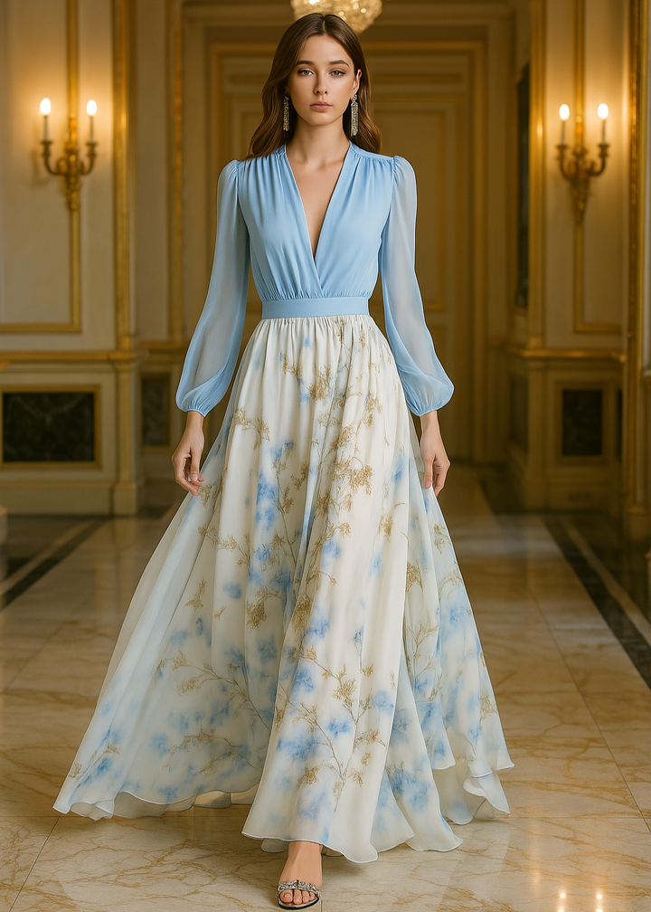 Elegant V-Neck floral maxi dress with long sleeves, features flowing skirt, perfect for occasions, shown on a mannequin.