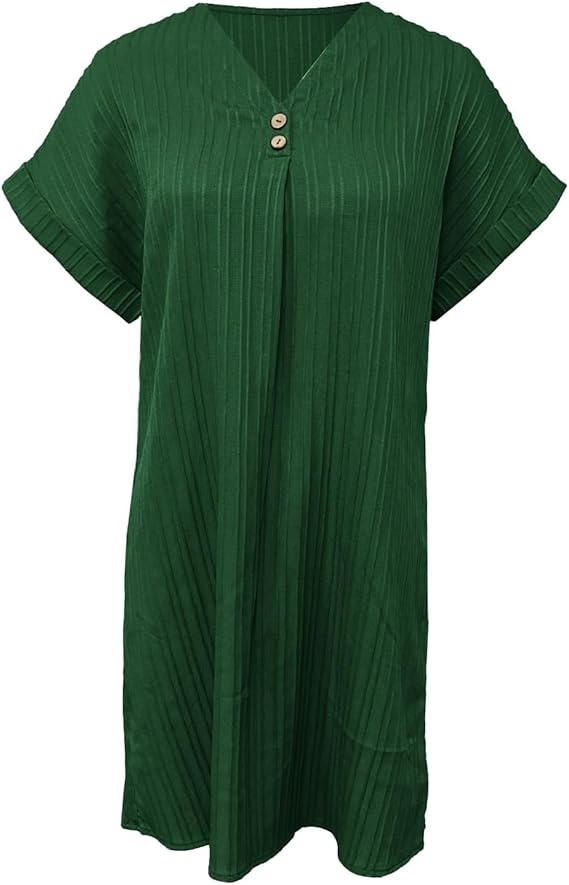 Versatile women's V-neck summer dress with a full button placket, suitable for both elegant and relaxed occasions.