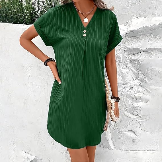 Elegant women's summer dress featuring a stylish V-neck and functional button accents, perfect for sunny days.
