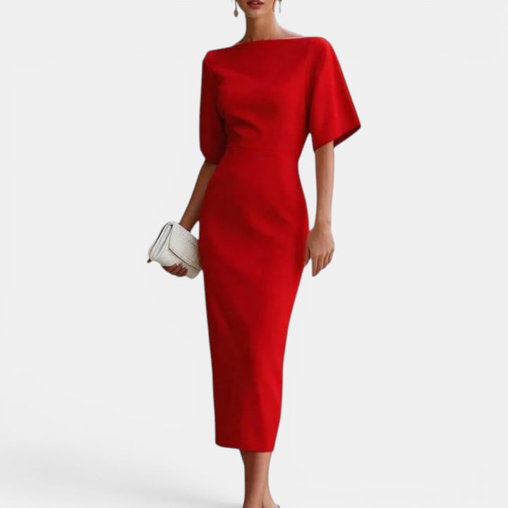 Women's elegant red midi prom dress with boat neck, ideal for summer parties and formal occasions.