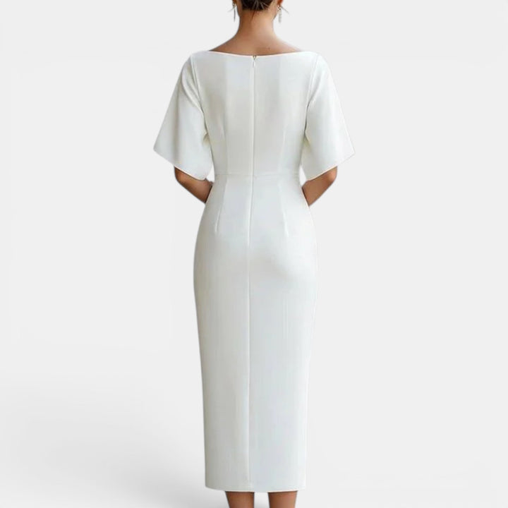 Sophisticated women's midi summer party dress in white, perfect for prom, formal events & occasions.